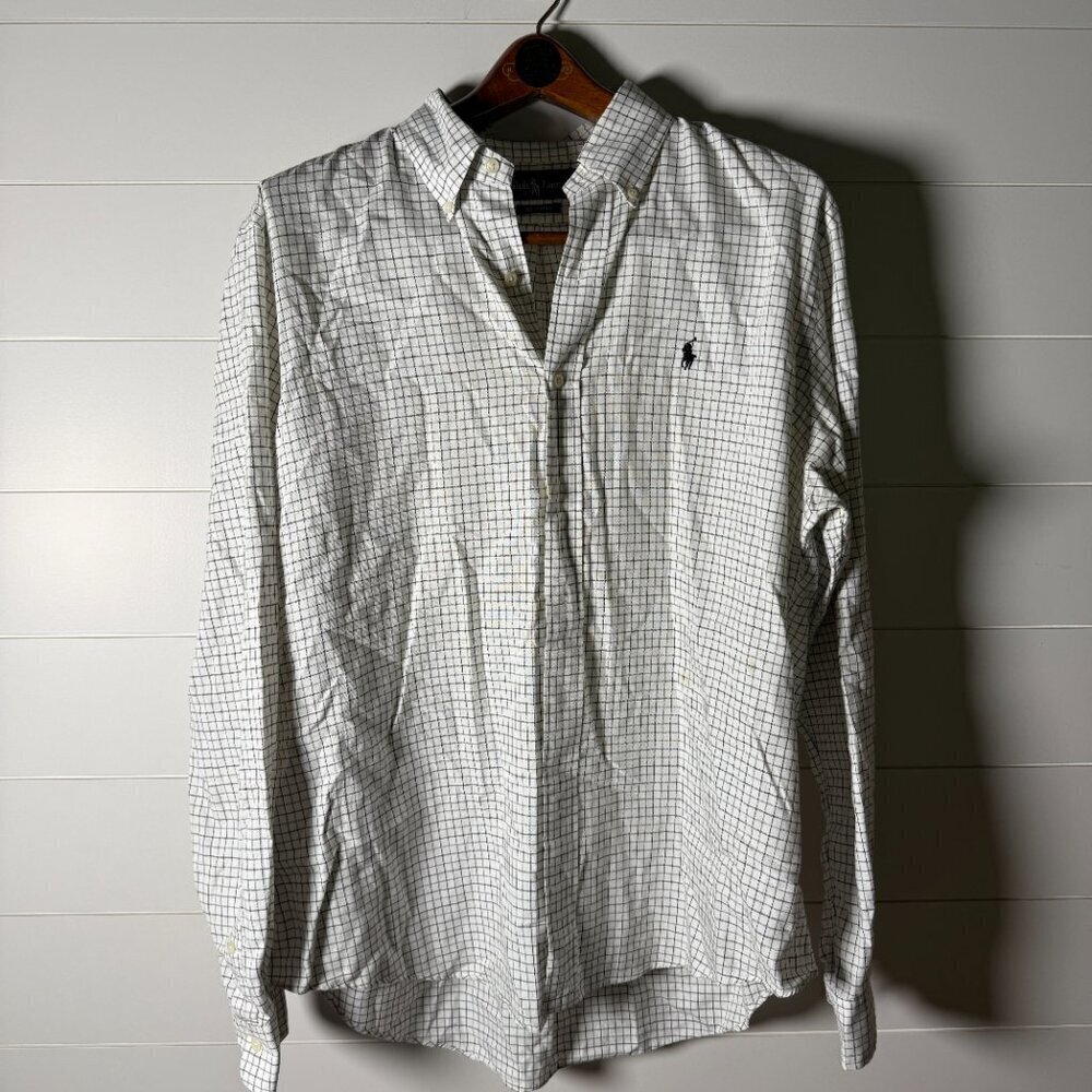 Ralph Lauren Custom Fit Long Sleeve Button Down Off White Black Check Sz XL